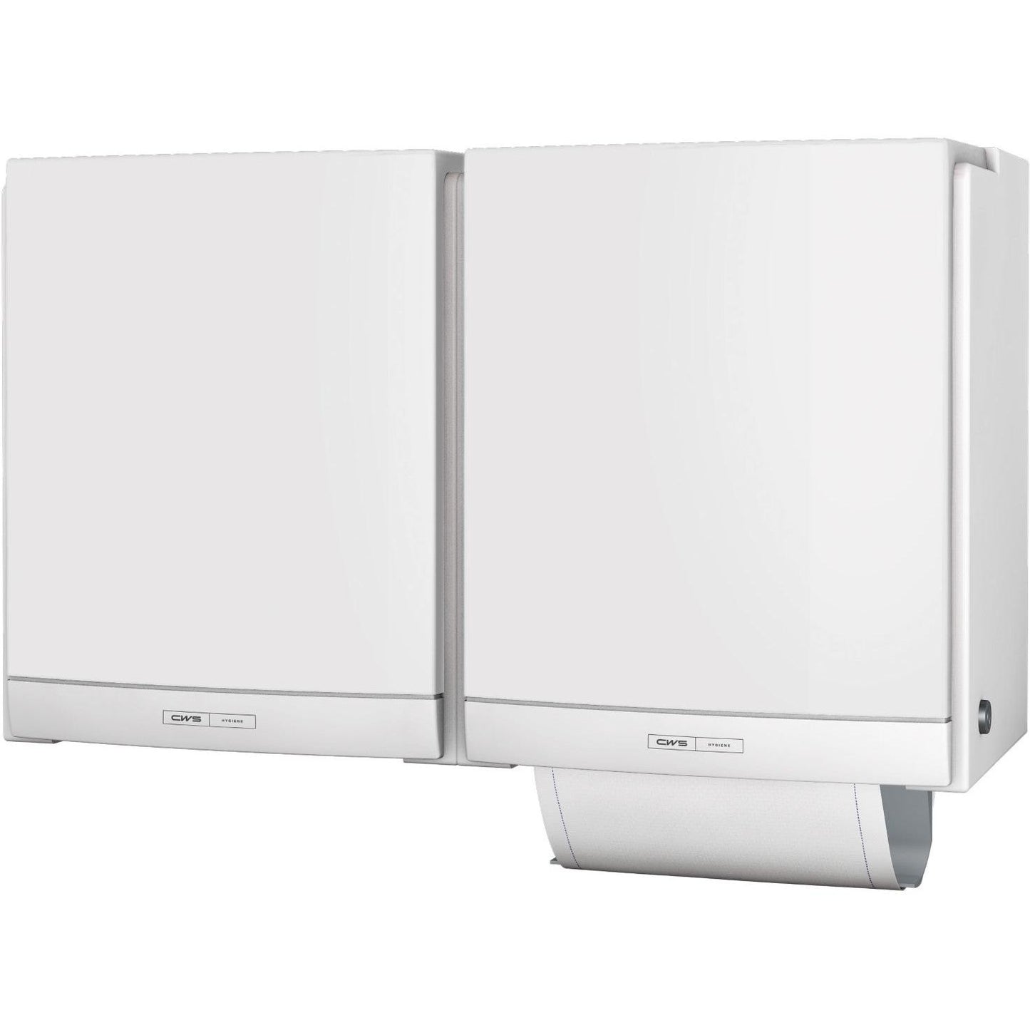 Due distributori di asciugamani in tessuto CWS ParadiseLine bianchi DUO con pannello bianco sono montati fianco a fianco e offrono una soluzione ecologica e igienica per i bagni. Un asciugamano è visibile nell'unità ecologica.