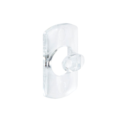 Ein transparenter Command™ Dekorations-Clip der 3M Deutschland GmbH, rechteckig mit einer abgerundeten Mittelöffnung und zwei Schraubenlöchern, ist auf weißem Hintergrund abgebildet.