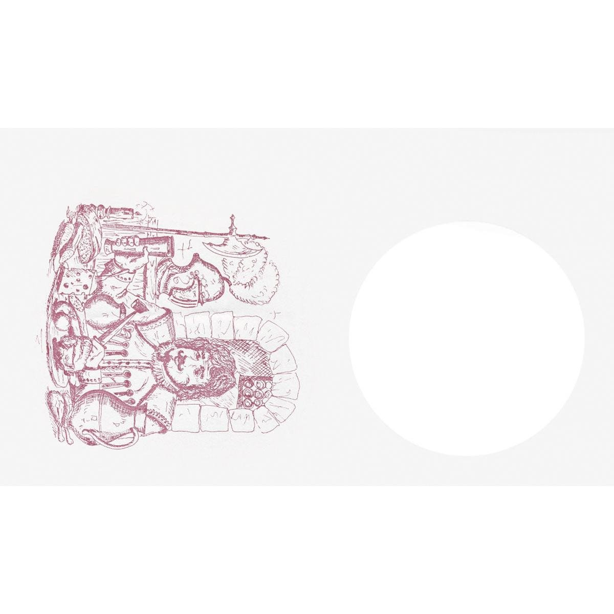 Un disegno a linee mostra un cuoco a un bancone della cucina con alimenti, utensili e bavaglini Dunicel 40x60 cm per bambini - Design Cavaliere a tavola (Duni GmbH), a sinistra di un grande cerchio bianco vuoto su sfondo monocromatico. Confezione da 500 pezzi.