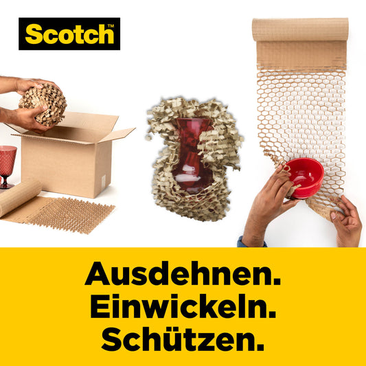 Eine Rolle Scotch™ Cushion Lock™ Schutzverpackung (30,4 cm x 9,14 m) von 3M Deutschland GmbH wird ausgerollt und zum Einwickeln und Schützen zerbrechlicher Gegenstände wie einer Vase oder Tasse verwendet.