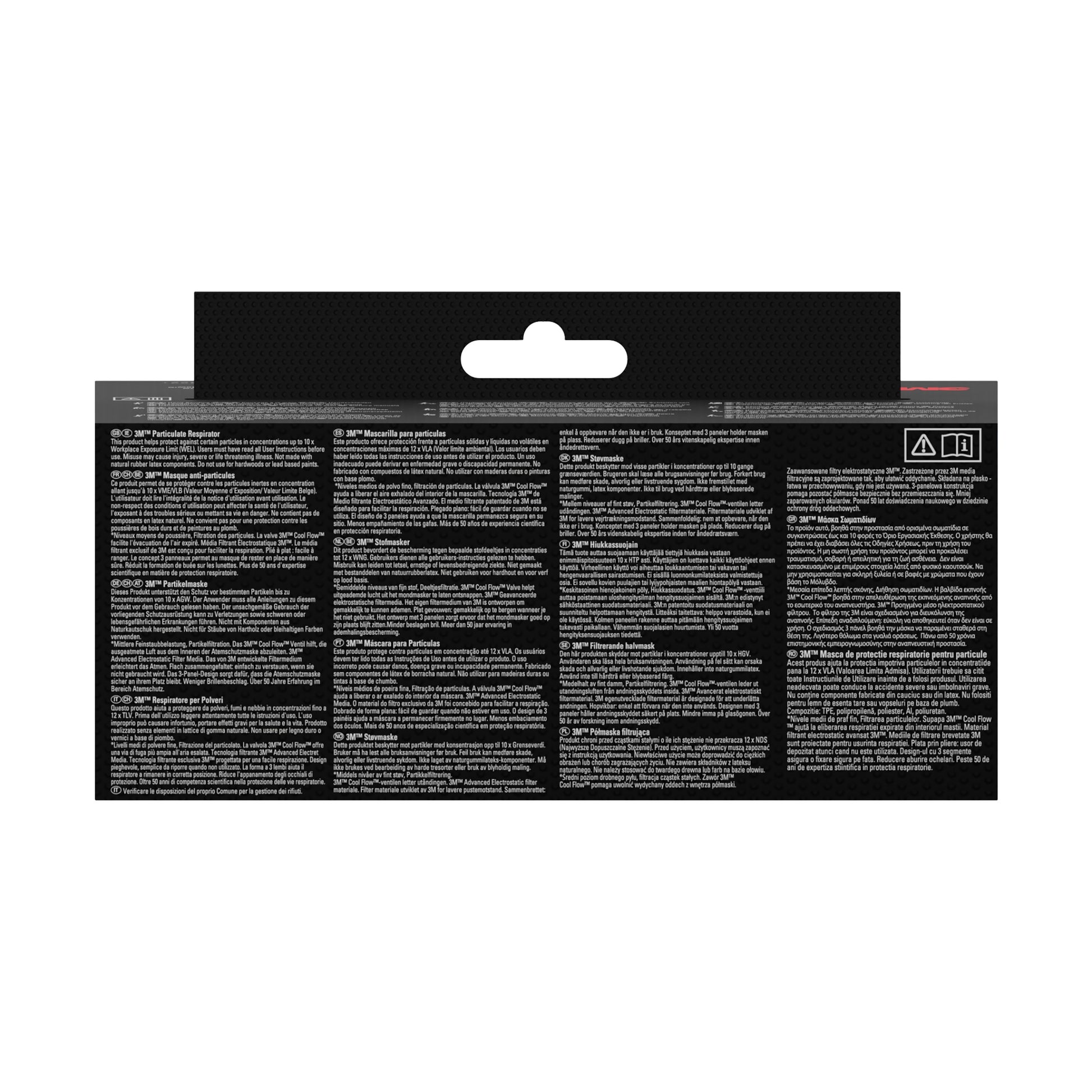 Die Abbildung zeigt die Rückseite einer 3M™ Aura™ Comfort Cool Flow™ Partikelmaske 9322+ (FFP2, mit Ventil) der 3M Deutschland GmbH mit mehreren weißen Textblöcken in mehreren Sprachen auf schwarzem Grund, einer Aufhängelasche in der Mitte oben und Symbolen oben rechts.