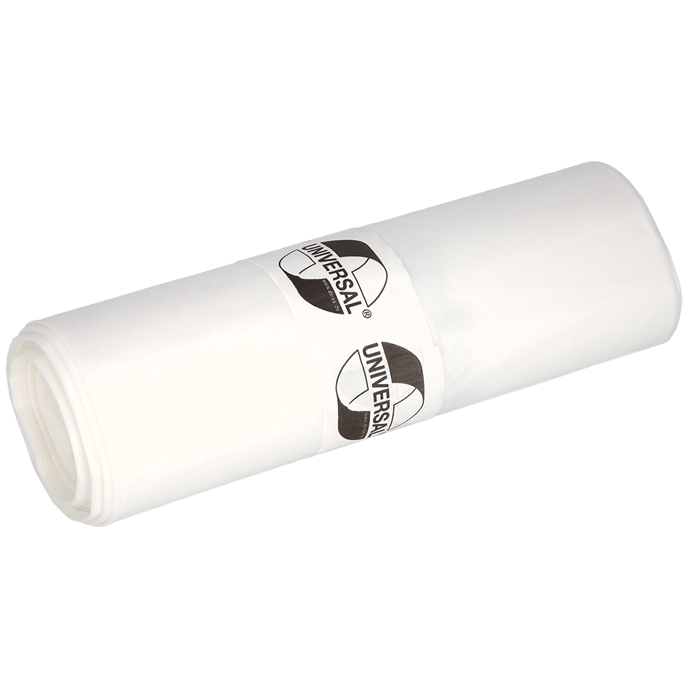Eine Rolle EMIL DEISS KG (GmbH + Co.) DEISS Abfallsäcke 575x1000x0,018 mm aus HDPE 50 l, verpackt mit einer beschrifteten Papierbanderole. Diese stabilen weißen Müllsäcke sind ideal für den täglichen Gebrauch. Abgebildet auf einem unifarbenen, hellen Hintergrund.