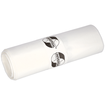 Eine Rolle EMIL DEISS KG (GmbH + Co.) DEISS Abfallsäcke 575x1000x0,018 mm aus HDPE 50 l, verpackt mit einer beschrifteten Papierbanderole. Diese stabilen weißen Müllsäcke sind ideal für den täglichen Gebrauch. Abgebildet auf einem unifarbenen, hellen Hintergrund.