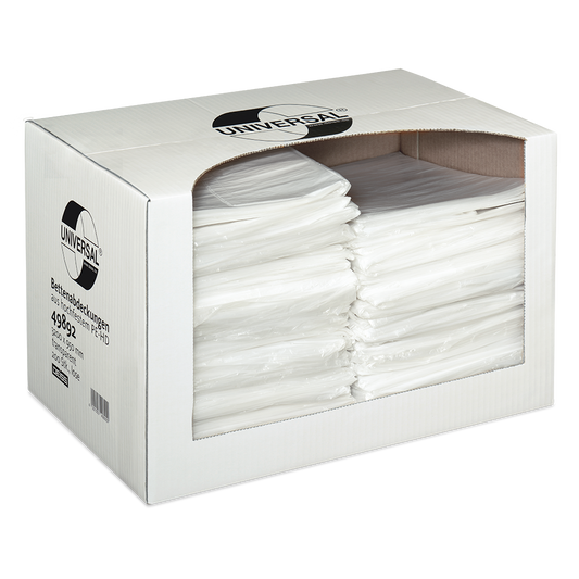 Eine weiße Box von EMIL DEISS KG (GmbH + Co.) enthält 200 transparente DEISS 49892 Bettenabdeckungen (3200x950x0,01 mm). Ein großes Fenster und ein Etikett zeigen den Inhalt an - idealer Hygieneschutz für Krankenhäuser.