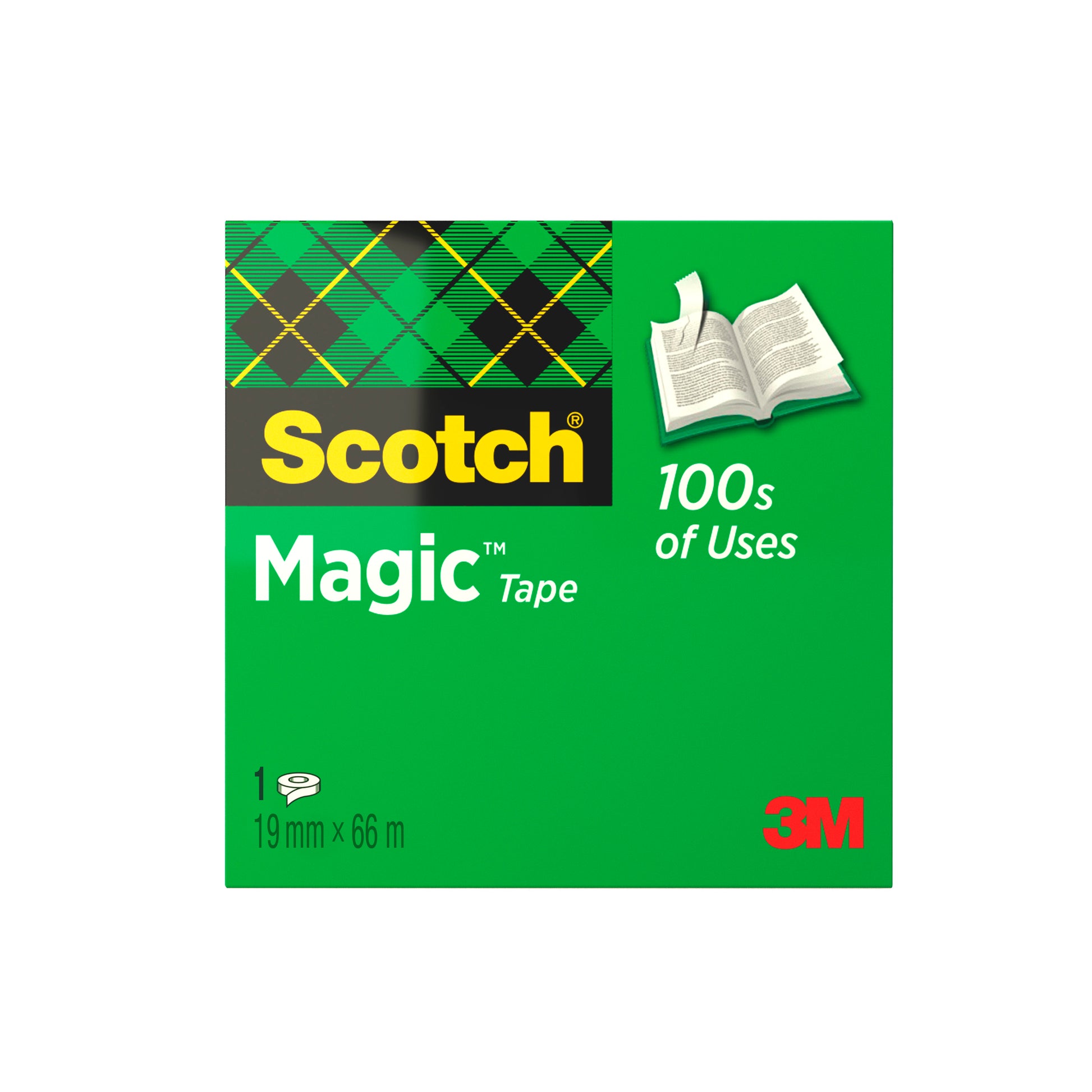 Eine grüne Schachtel Scotch® Magic™ Unsichtbares Klebeband von 3M Deutschland GmbH, beschriftet mit "100s of Uses", mit einer Grafik eines offenen Buches; enthält 1 Rolle (19 mm x 66 m).
