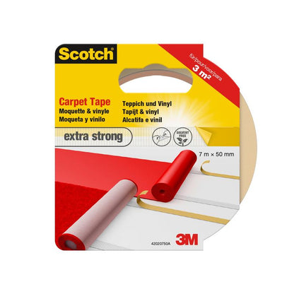 Il nastro adesivo per tappeti Scotch® della 3M Deutschland GmbH, extra forte, 7 m x 50 mm, è ideale per il fissaggio di tappeti o vinile. La confezione rosso-gialla è dotata di rotoli di nastro, indicazioni multilingue e il logo 3M.