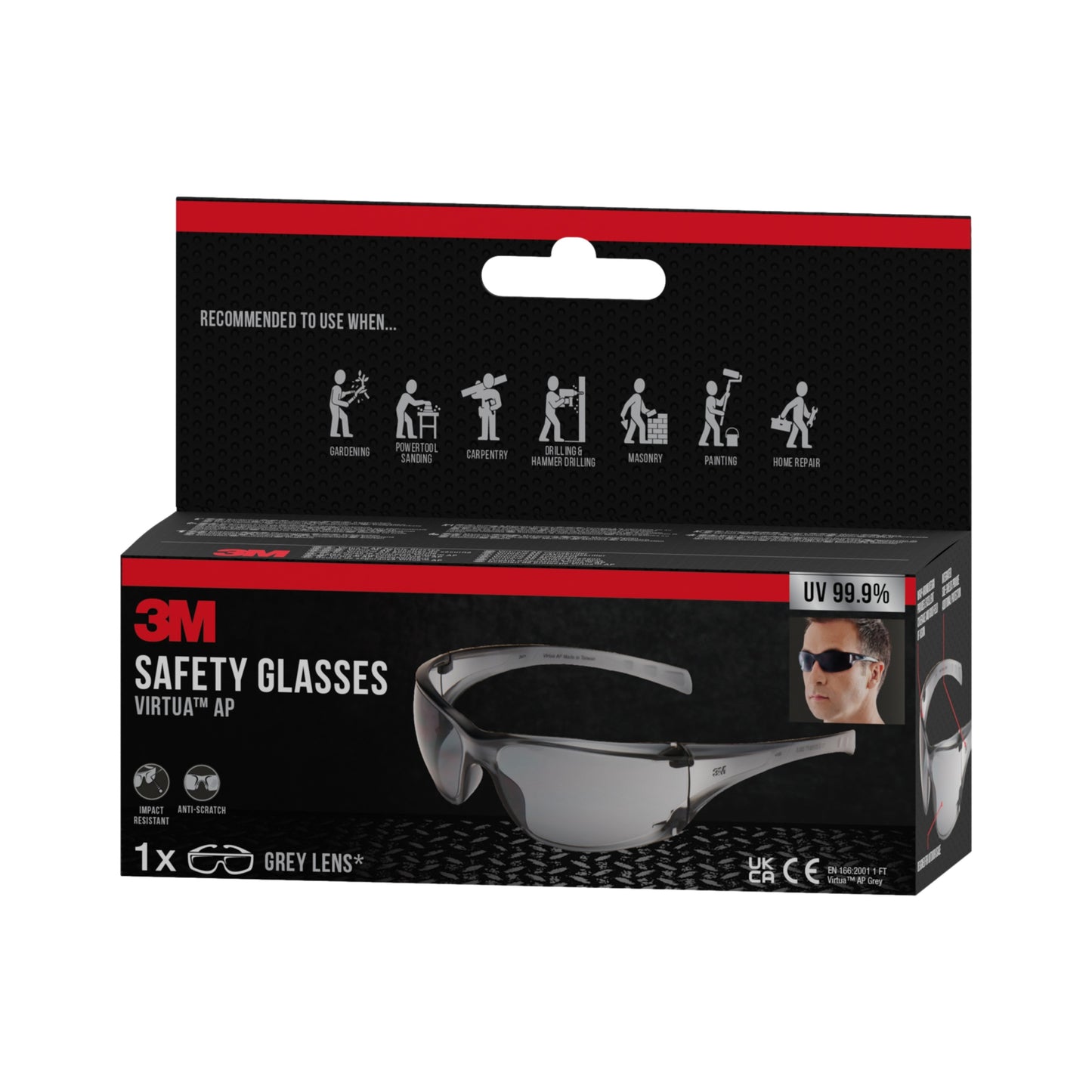 Une boîte de lunettes de protection 3M™ Virtua™ AP, verre gris de 3M Deutschland GmbH offre une protection UV de 99,9 % et l'emballage montre des images pour une utilisation dans les domaines du jardinage, de la construction, de la machinerie, de la peinture et des réparations domestiques.