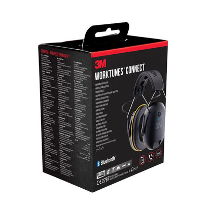 A sales package for discontinued item: 3M™ WorkTunes™ Connect Hearing Protector 90543E, Bluetooth®, SNR 31 dB from 3M Deutschland GmbH, with product images, technical data, and branding on black and red background. Package (1 Piece).