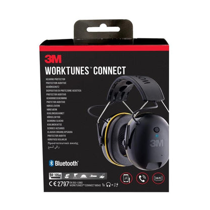The image shows a box of 3M™ WorkTunes™ Connect Hearing Protector 90543E (Bluetooth®, SNR 31 dB, Black, 1 Piece) from 3M Deutschland GmbH with red and white lettering and a hearing protector image on the black packaging.