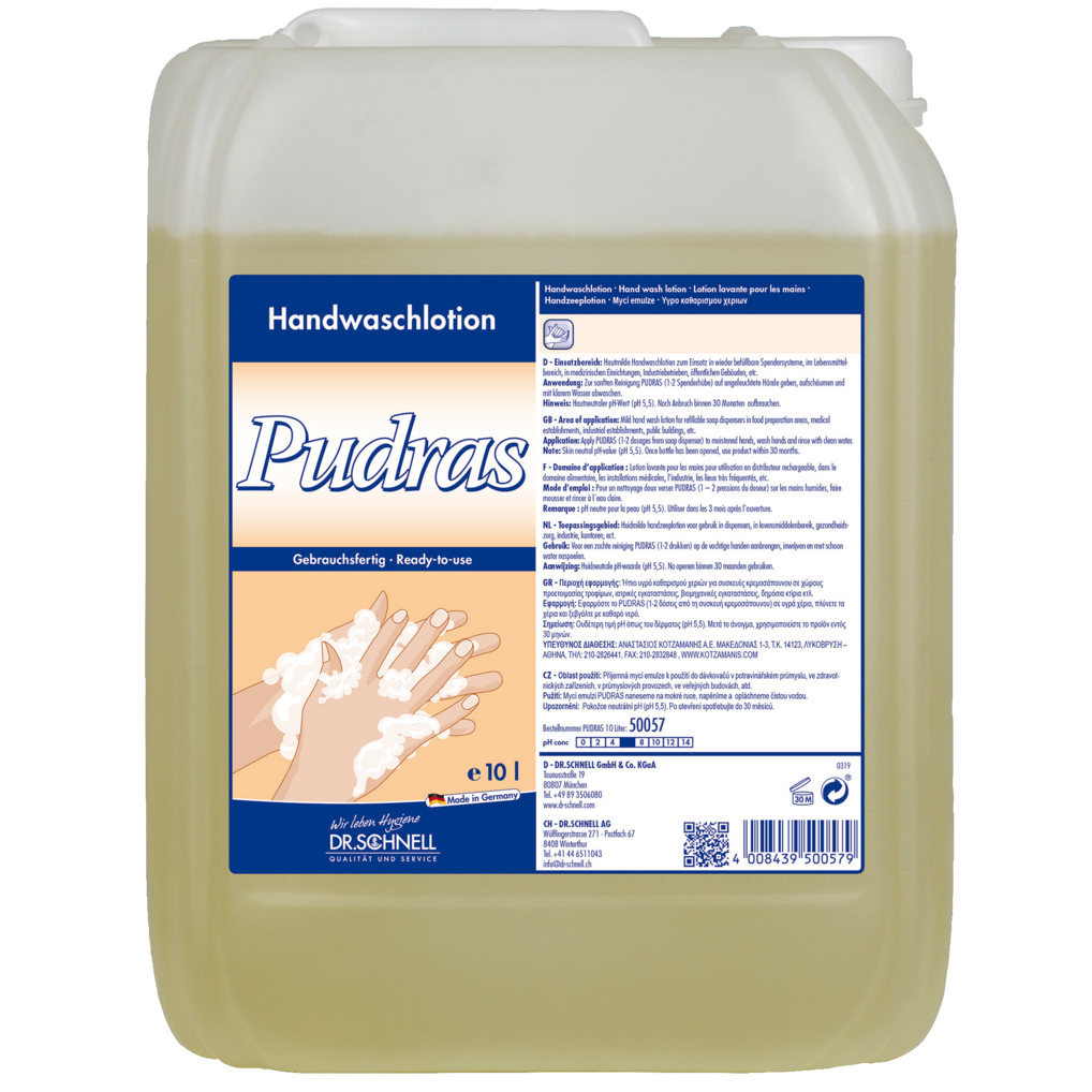 DR.SCHNELL PUDRAS Handwaschlotion für Spendersysteme in einem 10-Liter-Kanister aus durchsichtigem Kunststoff mit blau-weißem Etikett; die hellgelbe, angenehm duftende Lotion reinigt die Haut sanft. Marke: DR.SCHNELL GmbH & Co. KGaA.