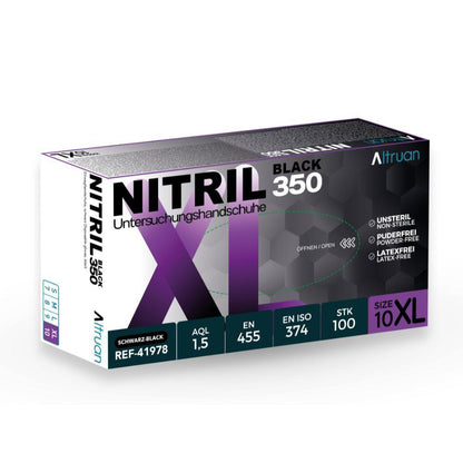 Eine Schachtel BINGOLD Altruan Nitril 350 Black Einmalhandschuhe - unsterile, latexfreie, puderfreie schwarze Untersuchungshandschuhe. Jede Schachtel enthält 100 Stück in schwarzer, weißer und violetter Verpackung.