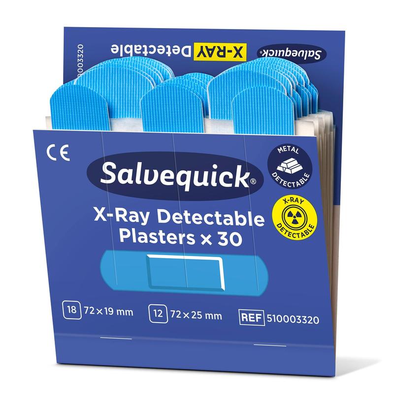 Eine Schachtel Orkla Wound Care AB Salvequick röntgendetektierbar, 30 Stück/Nachfüllpflaster (Packung à 6), mit metall- und röntgendetektierbaren Pflastern in zwei Größen.