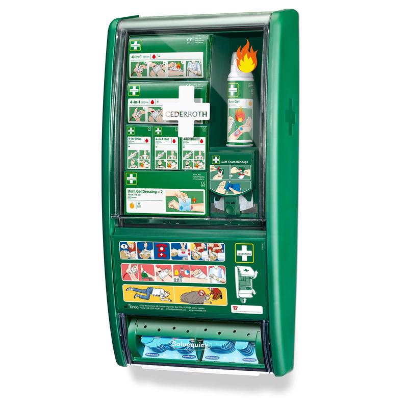 La stazione di primo soccorso & ustioni Cederroth di Orkla Wound Care AB è una stazione di primo soccorso verde montata a parete con scomparti per gel per ustioni, cerotti, bende in schiuma morbida e un'istruzione illustrata sulla parte anteriore.