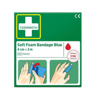 A green-and-white box labeled "Cederroth Soft Foam Bandage, Blue, 6 cm x 2 m | Package (1 piece)" by Orkla Wound Care AB, featuring an image of a blue bandage wrapped around a finger.