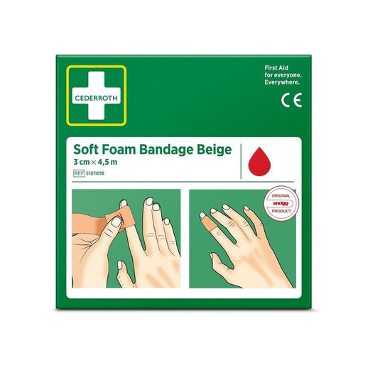 Una scatola verde con la scritta "Cederroth soft foam binde beige 3x450cm | Confezione (1 pezzo)" di Orkla Wound Care AB, con le istruzioni per la medicazione delle dita, un simbolo rosso a forma di goccia e il testo: "Primo soccorso per tutti. Ovunque."