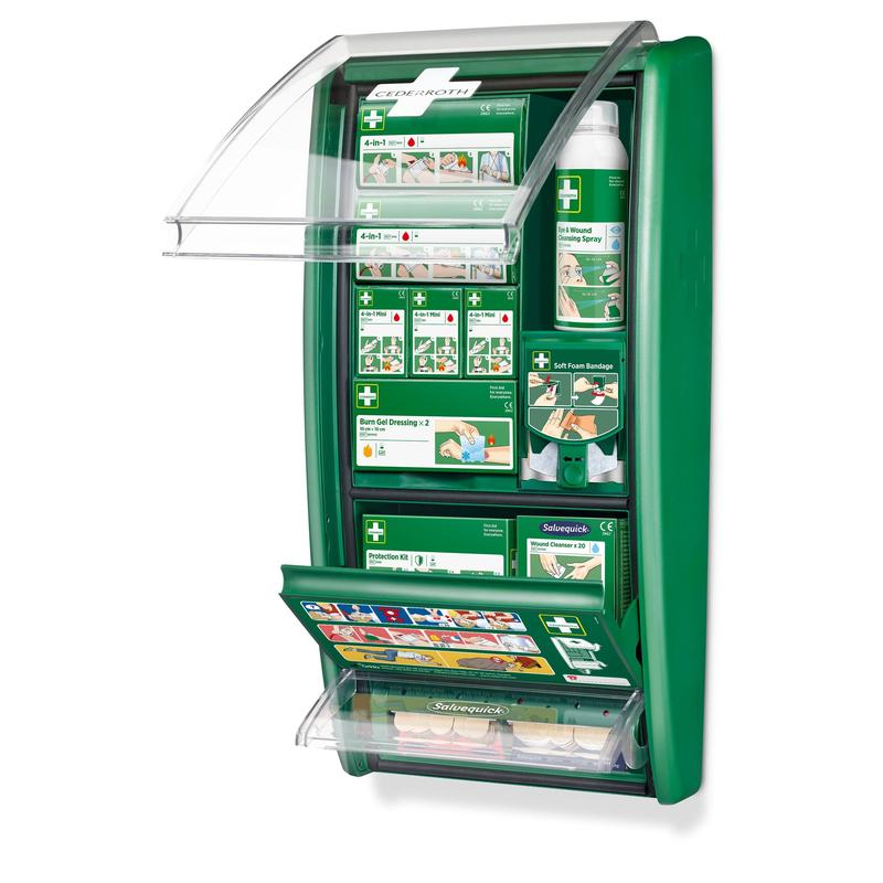 Die Cederroth erste-hilfe-station von Orkla Wound Care AB ist ein grüner Wandkasten mit durchsichtigem Deckel und geordneten, beschrifteten Fächern mit Erste-Hilfe-Materialien sowie einer illustrierten Anleitung auf der Vorderseite. Wird als 1 Packung (Karton) geliefert.