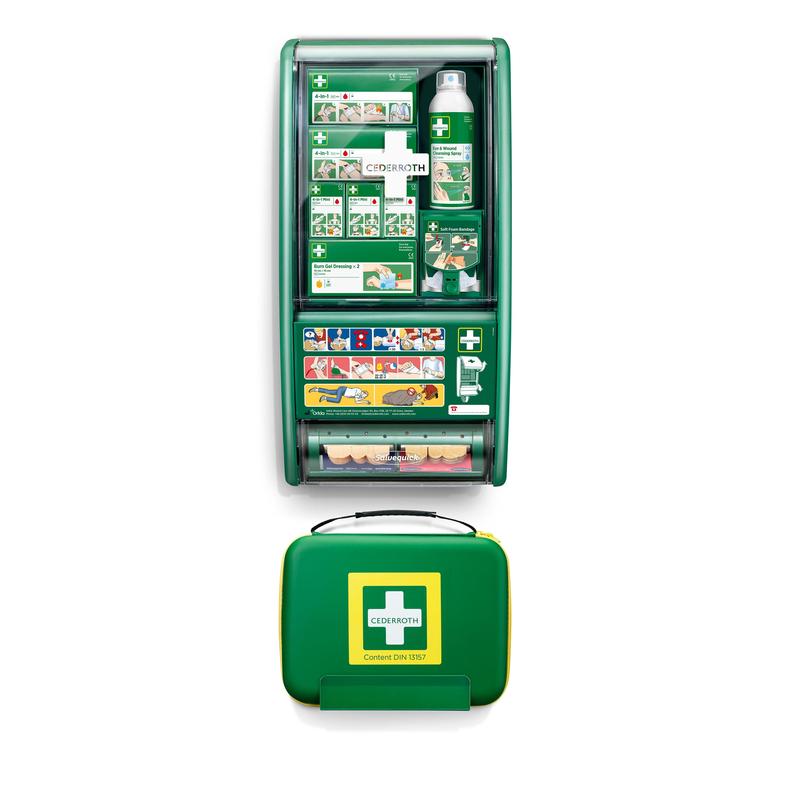 La station de premiers secours Orkla Wound Care AB Cederroth din-set 13157 dispose d'une station de premiers secours murale verte avec des compartiments organisés et un kit portable, emballée dans une boîte (1 paquet).