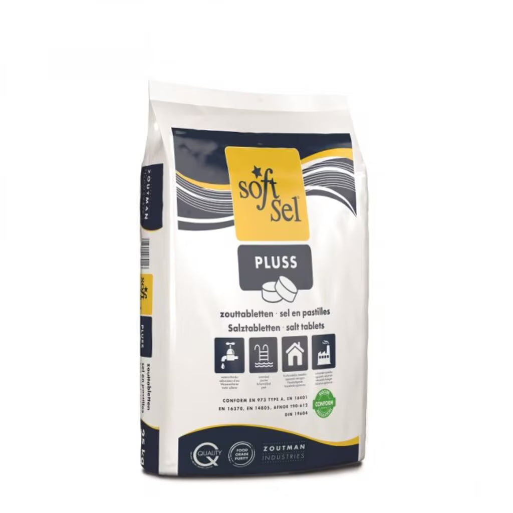 Un sac blanc et jaune de 25 kg avec l'inscription "Pastilles de sel" pour l'adoucissement de l'eau est marqué avec du texte multilingue, des symboles d'application industrielle et la marque "Diversey Deutschland GmbH & Co. OHG" au fond.