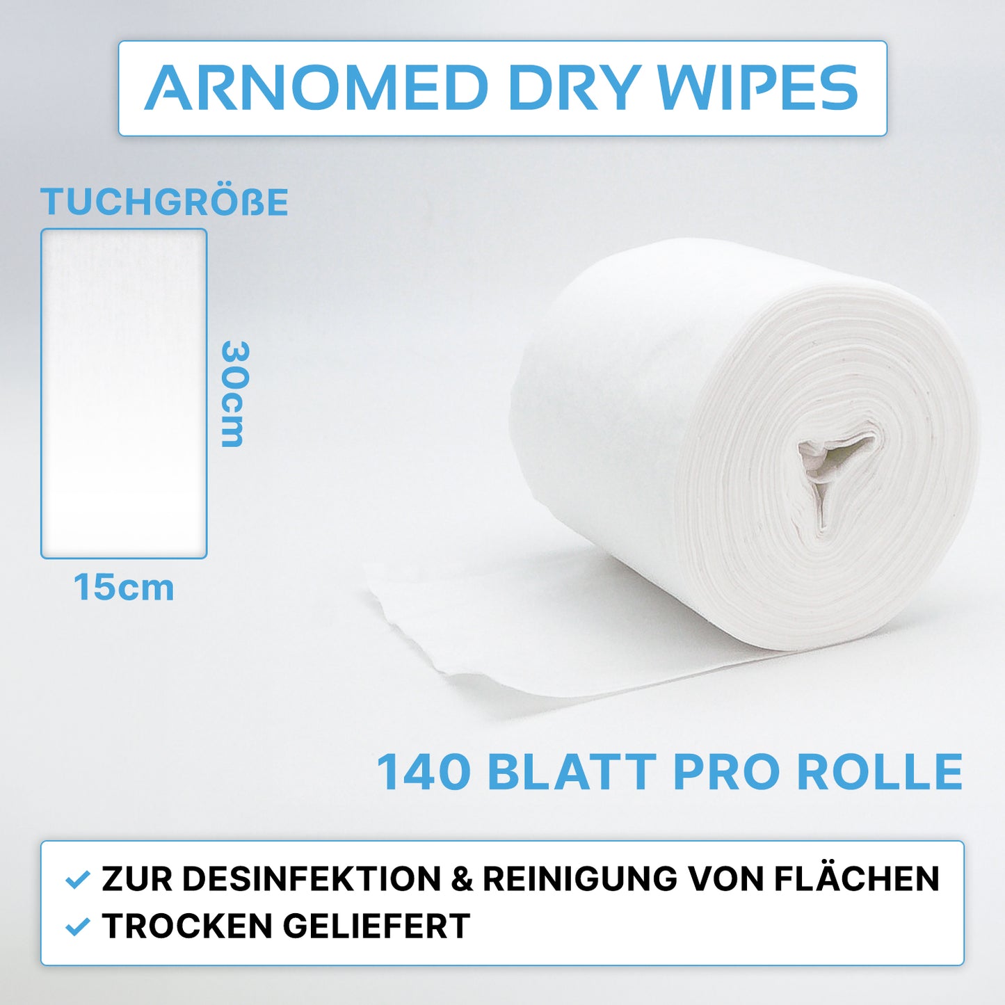 Die ARNOWA GmbH bietet mit den ARNOMED DRY WIPES Trockene Vliestuchrollen, 30x15cm, 140 Blatt pro Rolle, ideale, fusselfreie Tücher für die Reinigung und Flächendesinfektion an.