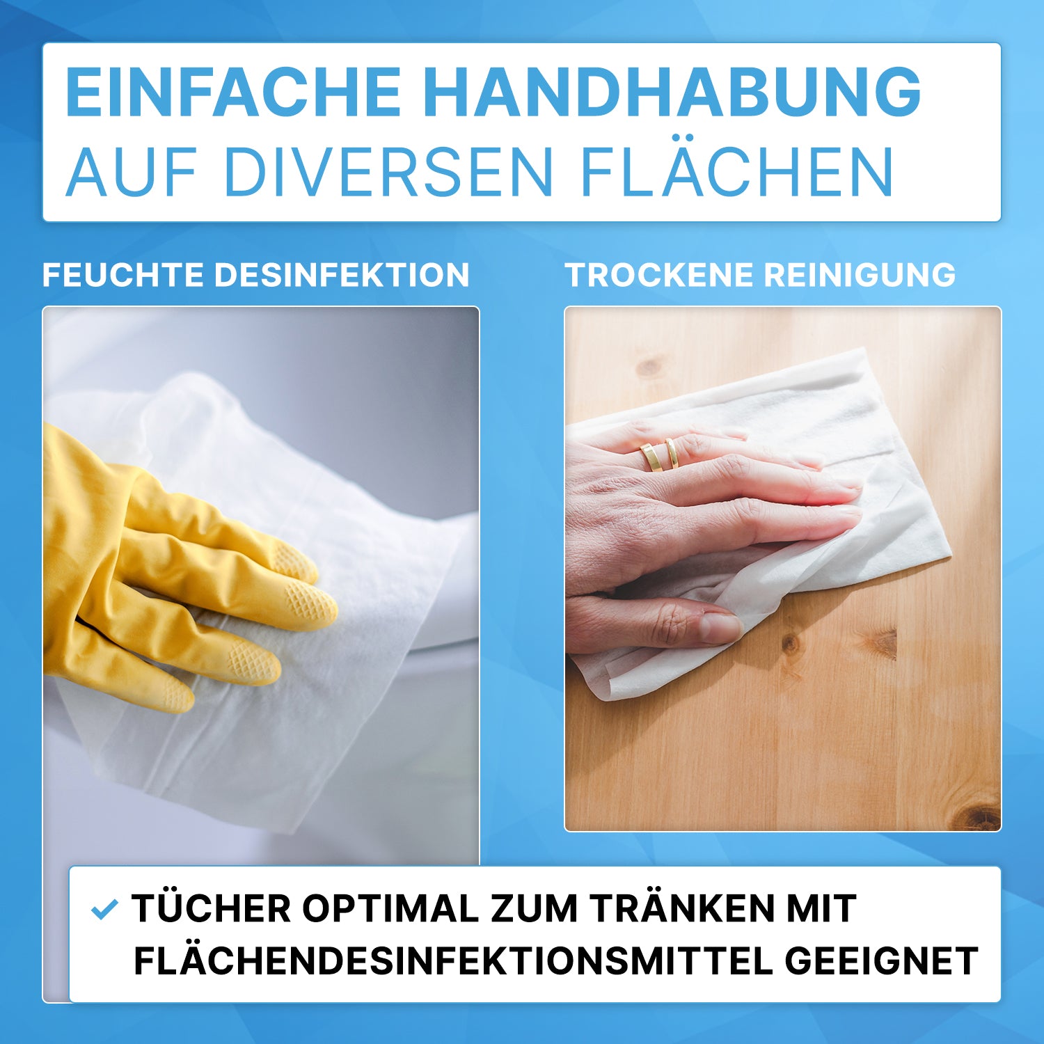 Links verwendet eine behandschuhte Hand Tücher für die "Feuchte Desinfektion", rechts verwendet eine nackte Hand ARNOMED DRY WIPES Trockene Vliestuchrollen von ARNOWA GmbH für die "Trockene Reinigung". Der Text wirbt für eine effektive Desinfektion.