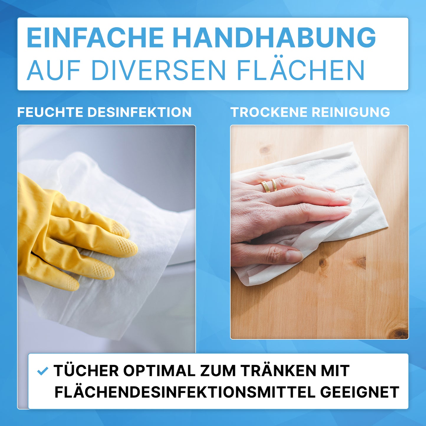 Zwei Bilder zeigen ARNOMED DRY WIPES von ARNOWA GmbH: Links wischt eine Hand mit gelbem Handschuh eine Fläche feucht ab, rechts reinigt eine Hand ohne Handschuh eine Holzoberfläche trocken.