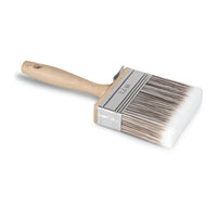The Nölle Profi Brush Prestige painter's flat brush (10 cm, stainless steel) from Nölle Profi Brush Bürsten- & Pinseltechnik e.K. features a wooden handle, synthetic bristles, and a metal ferrule; pictured against a white background.