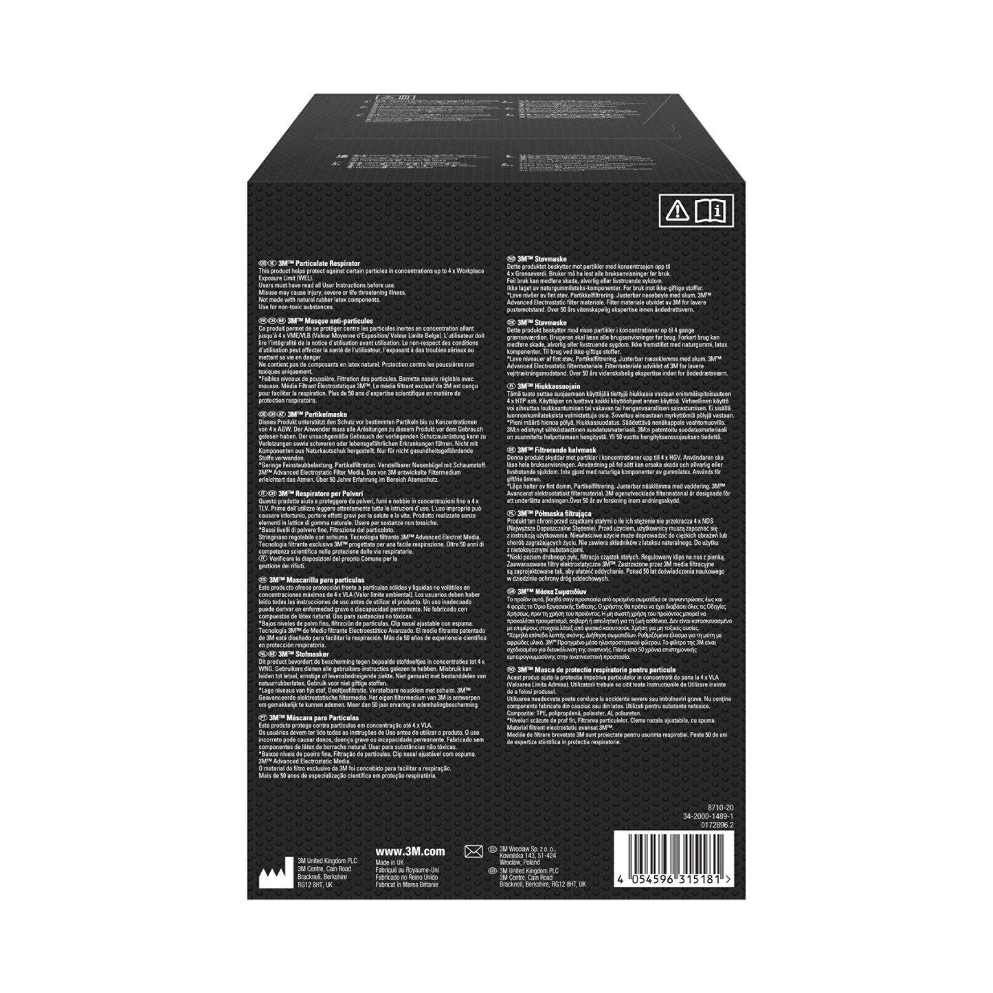 Auf der Rückseite der schwarzen 3M™ Partikelmaske 8710E, FFP1 Box der 3M Deutschland GmbH befinden sich Anleitungen und Produktinformationen in mehreren Sprachen, weißer Text in Spalten, kleine Symbole und ein Barcode unten rechts.