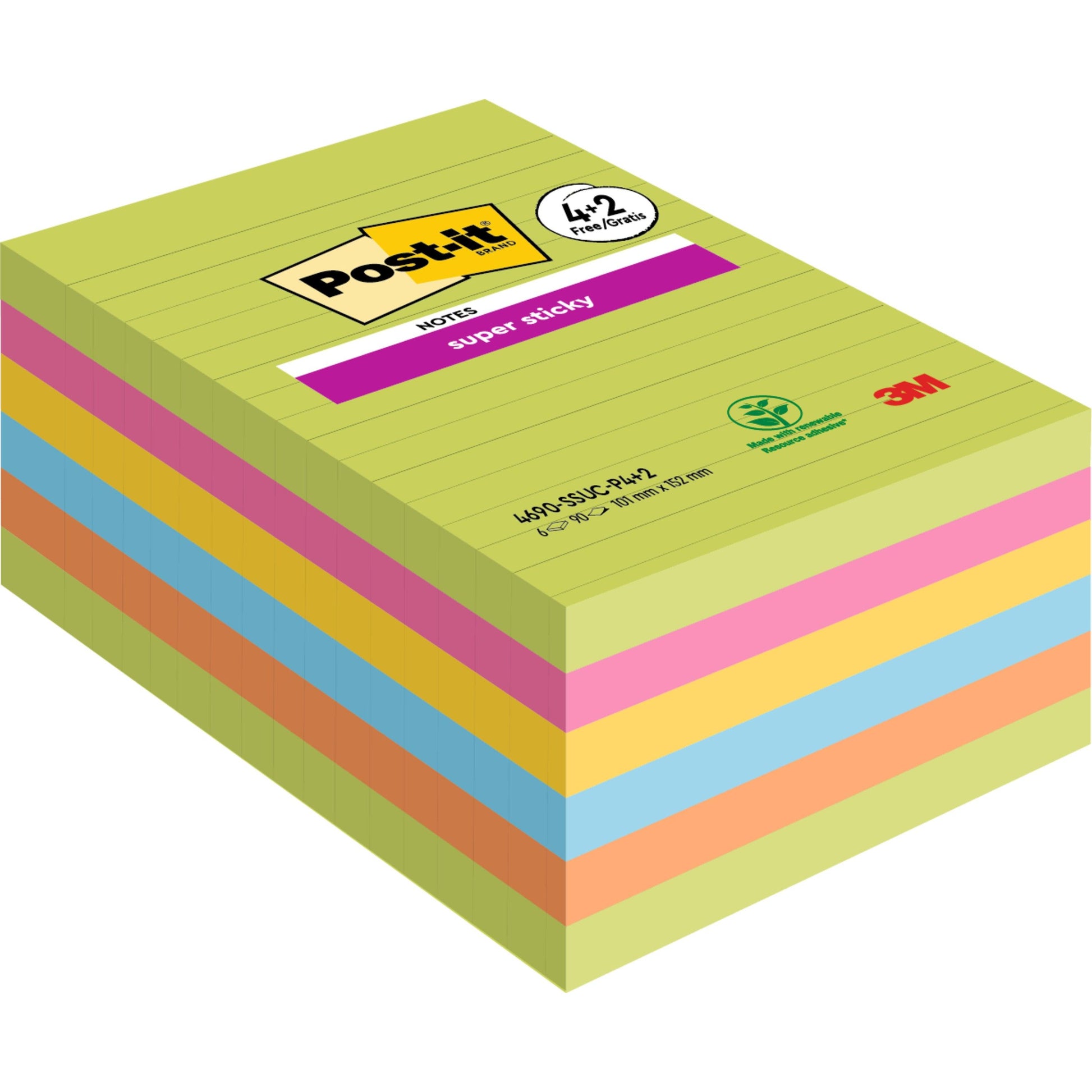 Ein Stapel 3M Post-it® Super Sticky Notes im Großformat, liniert, 101 x 152 mm, in verschiedenen Farben, 100% PEFC-zertifiziert, enthält 4 Blöcke + 2 Gratis (je 90 Blatt), ideal für Notizen.