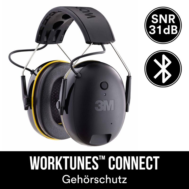 Close-up of the discontinued item: 3M™ WorkTunes™ Connect Hearing Protector 90543E in Black, SNR value 31 dB, Bluetooth®, from 3M Deutschland GmbH. Text: "WORKTUNES CONNECT Hearing Protection" on a black background.