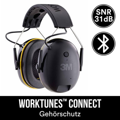 Close-up of the discontinued item: 3M™ WorkTunes™ Connect Hearing Protector 90543E in Black, SNR value 31 dB, Bluetooth®, from 3M Deutschland GmbH. Text: "WORKTUNES CONNECT Hearing Protection" on a black background.