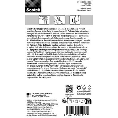 Rückseite der Scotch® Extra weiche Filzpads SP84A24, selbsthaftend, beige, 24 mm x 22 mm, 12/Packung von 3M Deutschland GmbH mit mehrsprachigem Text, Verwendungssymbolen für Möbel Schutz, Produkt-/Firmeninfo, Barcode und Herstellungsangaben.