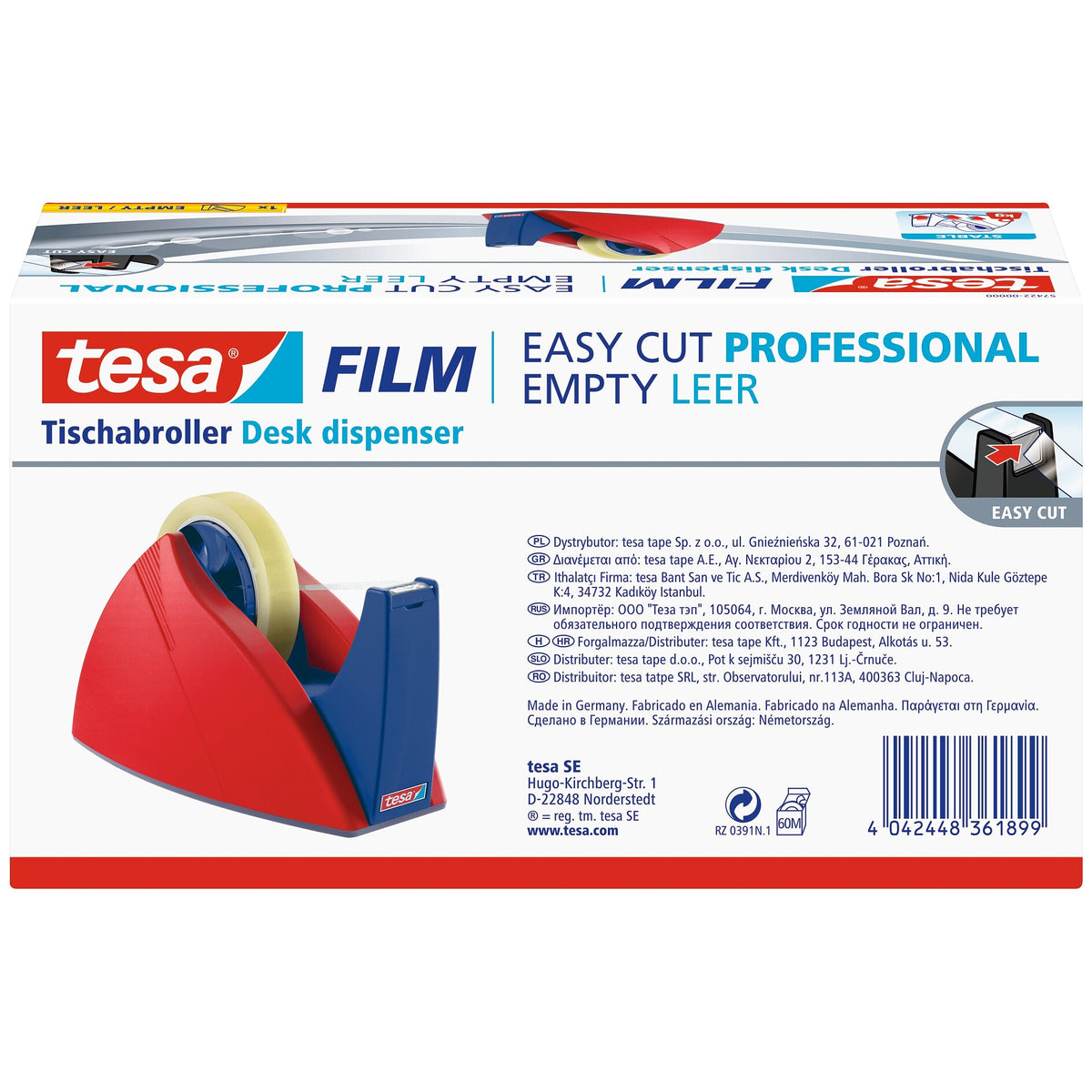 tesa 57422 Easy Cut Tischabroller, leer, für Rollen bis 66m x 25mm, rot-blau