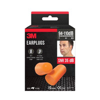 A box of 3M™ 1100 Soft Foam Earplugs, SNR 35 dB, Orange, from 3M Deutschland GmbH features an image of orange earplugs, a man’s head in the upper right corner, and text highlighting the technical specifications.