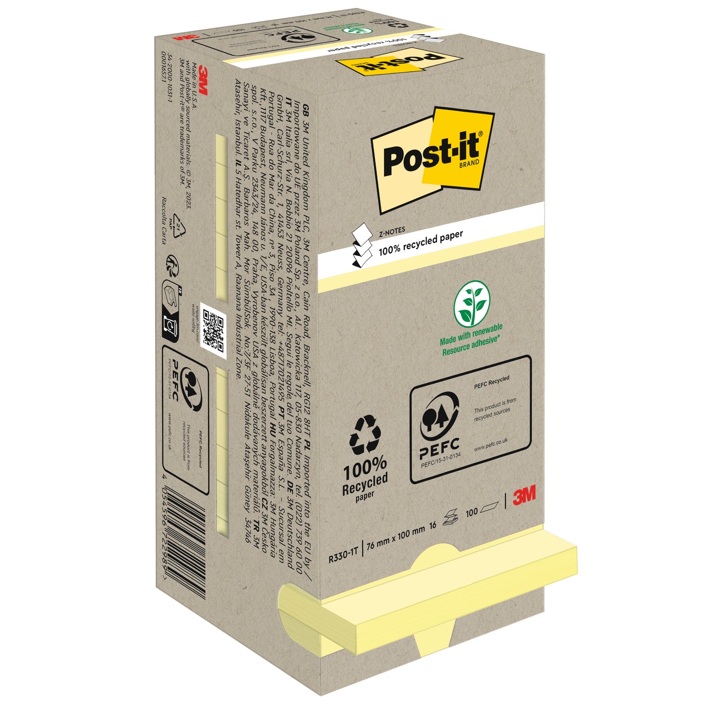 Abgebildet ist eine Schachtel der 3M Deutschland GmbH Post-it® Recycling Z-Notes (76x76mm, 100 Blatt, 100% PEFC) mit umweltfreundlichen Symbolen auf der Verpackung und zwei gelben Blöcken, die teilweise am Boden sichtbar sind.