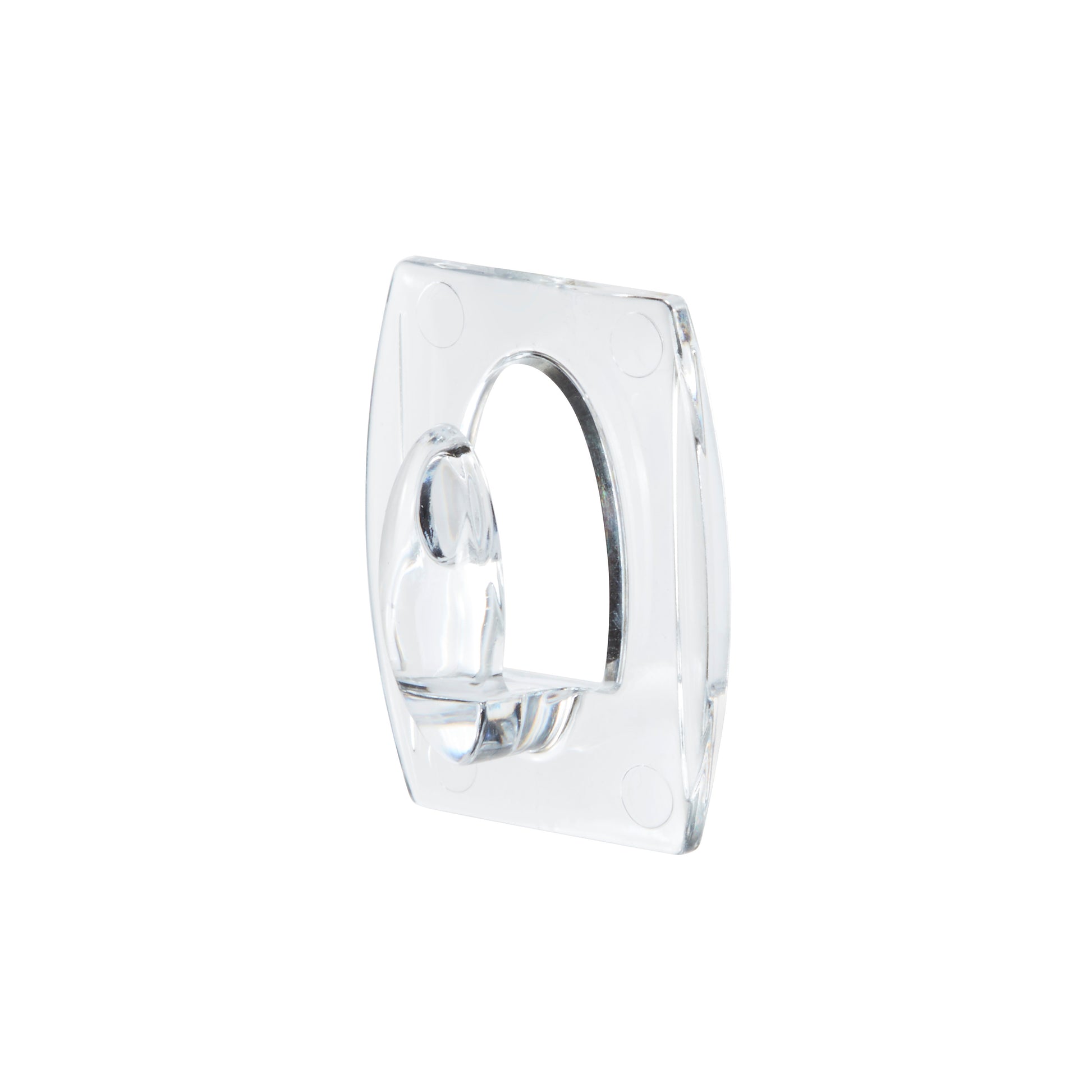 Ein transparenter, quadratischer Command™ Mini-Haken der 3M Deutschland GmbH mit einer zentralen ovalen Schlaufe und abgerundeten Kanten, abgebildet auf weißem Hintergrund; inklusive transparenter Streifen (17006CLRFGN, 1 Stück Packung).