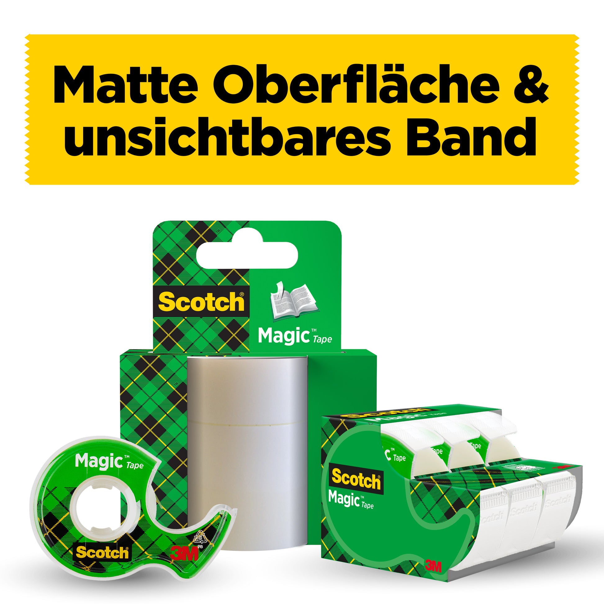 Eine Auslage von 3M's Scotch® Magic™ Unsichtbares Klebeband 8-1915R3/2 in einer grünen Verpackung, die einen Klebebandabroller, einen Karton und Klebebandrollen enthält. Auf einem gelben Banner darüber steht "Matte Oberfläche & unsichtbares Band" auf Deutsch.
