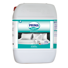 Ein weißer 20 kg Kunststoffbehälter mit der Aufschrift "Dr. Schnell PRIMA HYGIENE" der DR.SCHNELL GmbH & Co. KGaA, abgebildet mit gefalteten Handtüchern und Kopfkissen. Auf dem Etikett steht professionelle Reinigung und made in Germany.