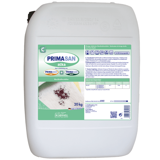 A white 20-kg plastic container labeled "Dr. Schnell "PRIMA SAN ALKA" by DR.SCHNELL GmbH & Co. KGaA, an alkaline cleaner for professional use, featuring instructions, logos, an illustration of a soiled cloth, and safety precautions for commercial applications.