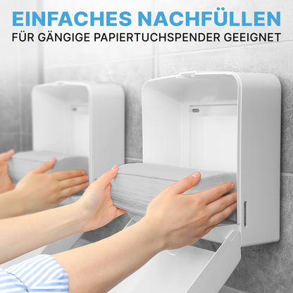 Eine Person füllt einen weißen Spender mit ARNOMED PAPIERHANDTÜCHER 25 x 23 cm | V-FALZ der ARNOWA GmbH nach. Ein weiterer identischer Spender steht daneben. Der deutsche Text beschreibt das einfache Nachfüllen und die Kompatibilität mit gängigen Waschraumspendern.
