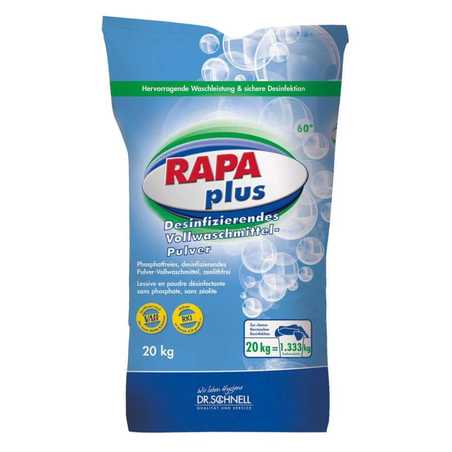 Ein blauer 20 kg Sack Dr. Schnell RAPA PLUS Wäschedesinfektion Pulver der DR.SCHNELL GmbH & Co. KGaA, mit Wäschehygiene, phosphatfreier Rezeptur, Sprudeldesign und deutschen Details für hohe Wascheffizienz.
