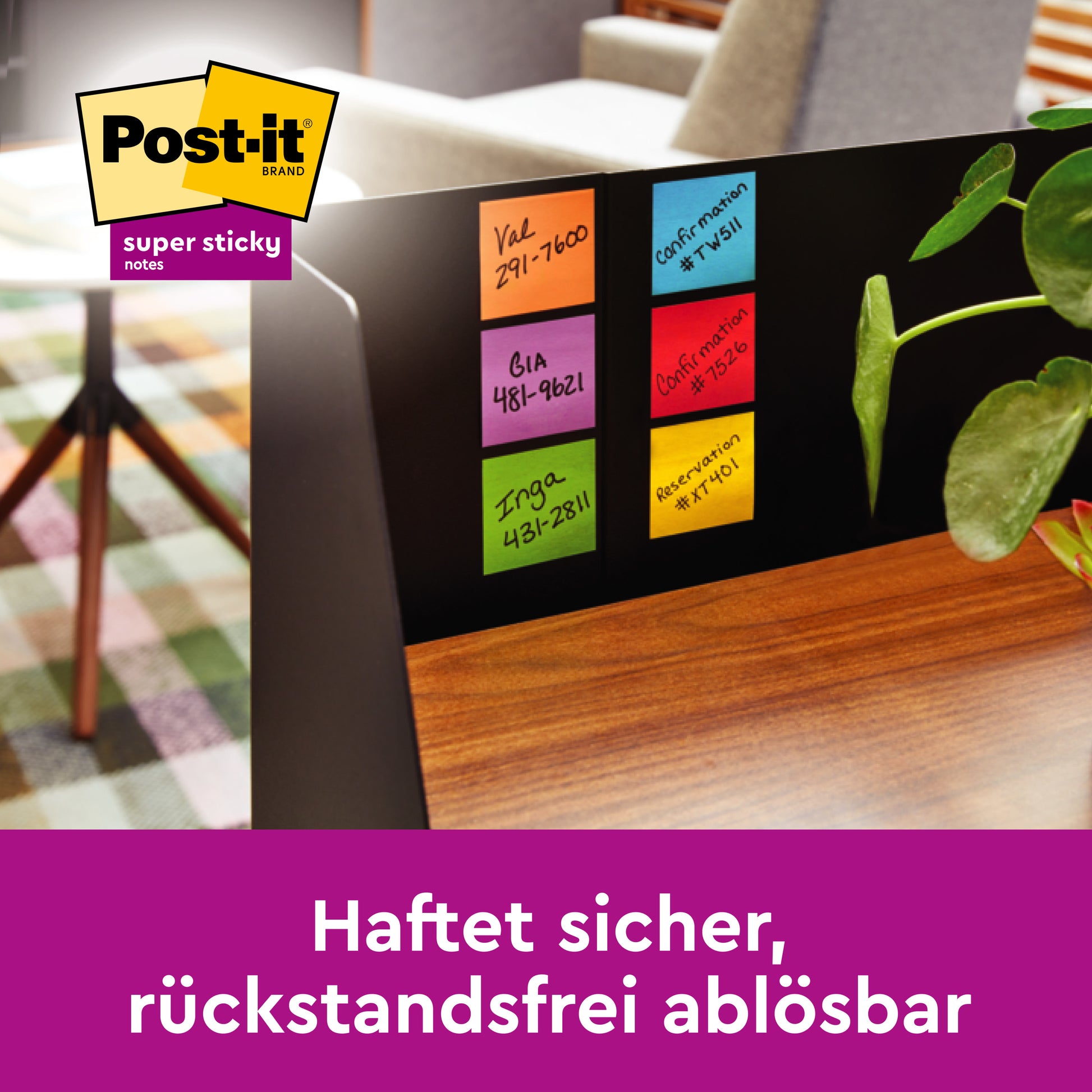 Ein Computermonitor zeigt sechs Post-it® Super Sticky Notes im Großformat, Pink, liniert (101 mm x 152 mm, 45 Blatt/Block) von 3M Deutschland GmbH. Der deutsche Text darunter lautet: "Haftet sicher, rückstandsfrei ablösbar.