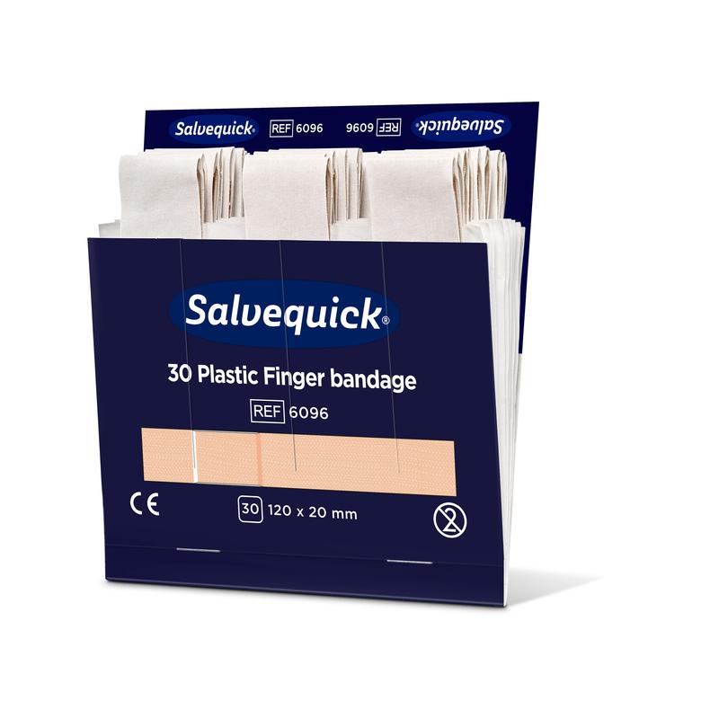 Une boîte bleue ouverte d'Orkla Wound Care AB contient 30 pansements pour doigts en plastique (120 x 20 mm), chacun debout. Paquet : 6 pièces.