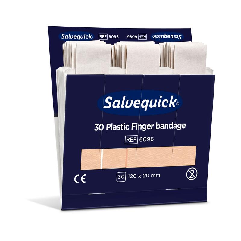 Une boîte partiellement ouverte de pansements pour doigts en plastique Orkla Wound Care AB, 120 x 20 mm, 30 pièces/paquet (6 pièces), avec des bandages emballés individuellement et des informations sur le produit sur l'emballage.