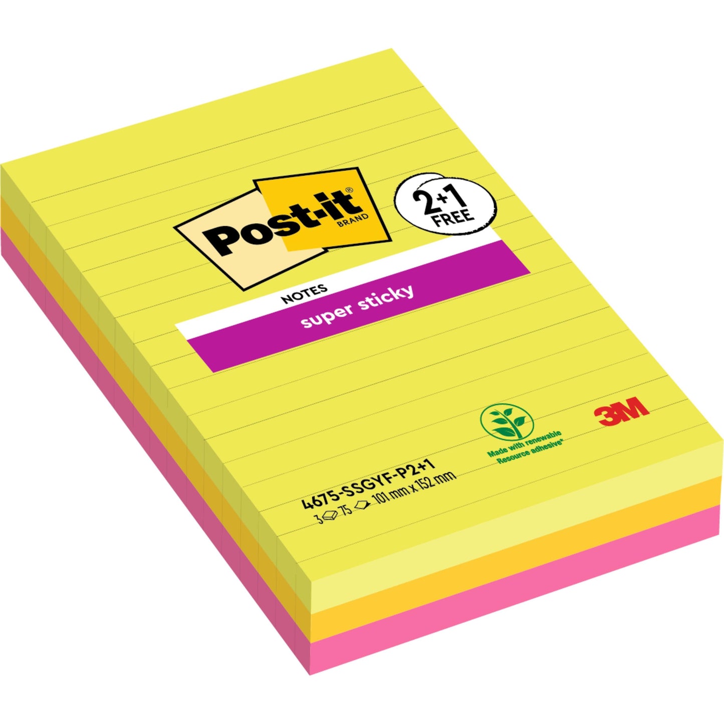 Eine Packung Post-it® Super Sticky Notes im Großformat, 101 x 152 mm, liniert, in verschiedenen Farben. Enthält 3 Blöcke à 75 Blatt (SGSCH-PEFC-COC-110078). Von 3M Deutschland GmbH, mit PEFC-Zertifizierung.
