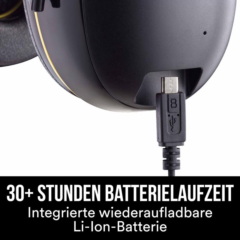 Close-up of the 3M™ WorkTunes™ Connect Hearing Protector 90543E (SNR 31 dB) from 3M Deutschland GmbH while charging via Micro-USB. Text: "30+ hours battery life. Built-in rechargeable Li-Ion battery.