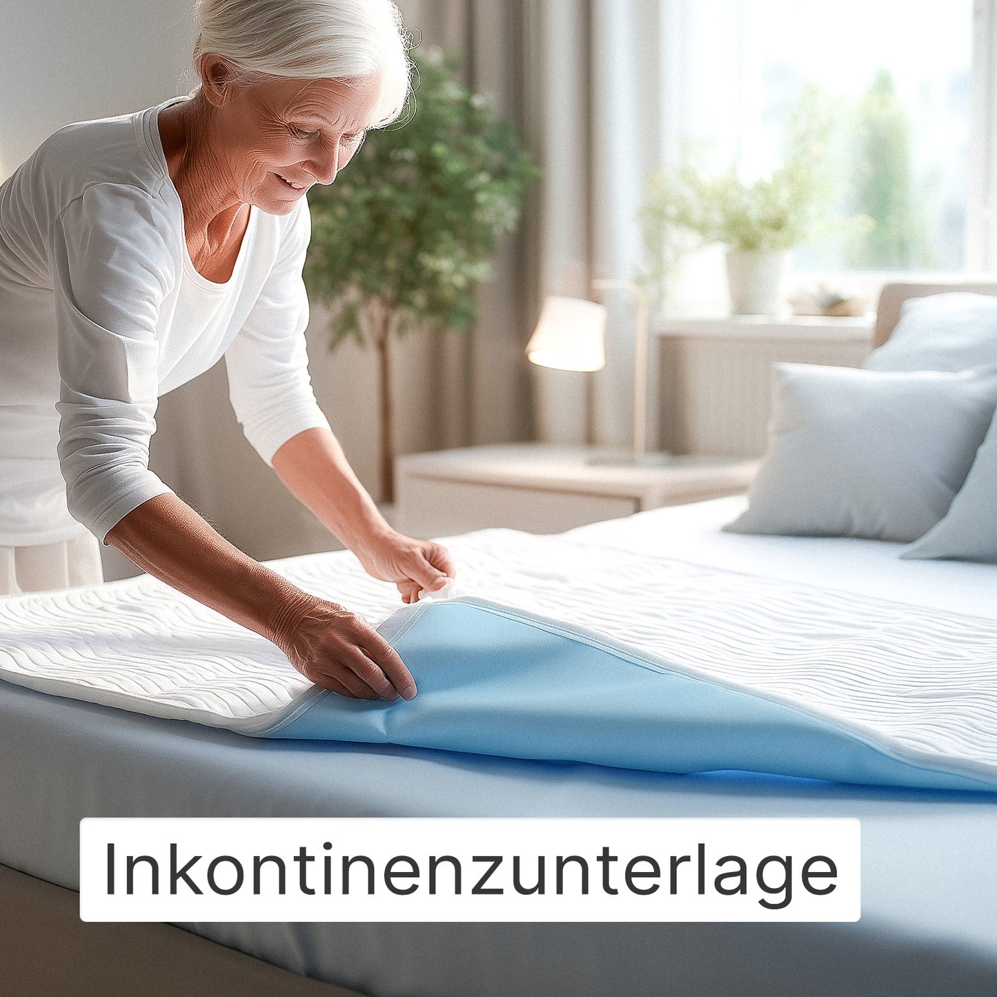 Eine ältere Frau in Weiß legt die ARNOMED SUPERDRY WASH Waschbare Bettschutzunterlage der ARNOWA GmbH auf ein ordentlich gemachtes Bett in einem hellen Schlafzimmer. Am unteren Bildrand ist "Inkontinenzunterlage" eingeblendet.