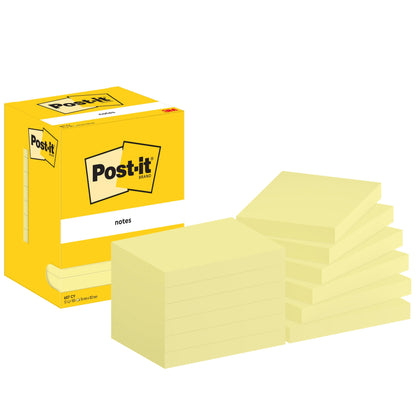 Pictured is a pack of 3M Post-it® Notes, Yellow, 76x102 mm, 100 sheets/block, 12 blocks/carton (100% PEFC). The yellow box with the Post-it logo is to the left of the neatly stacked notes.
