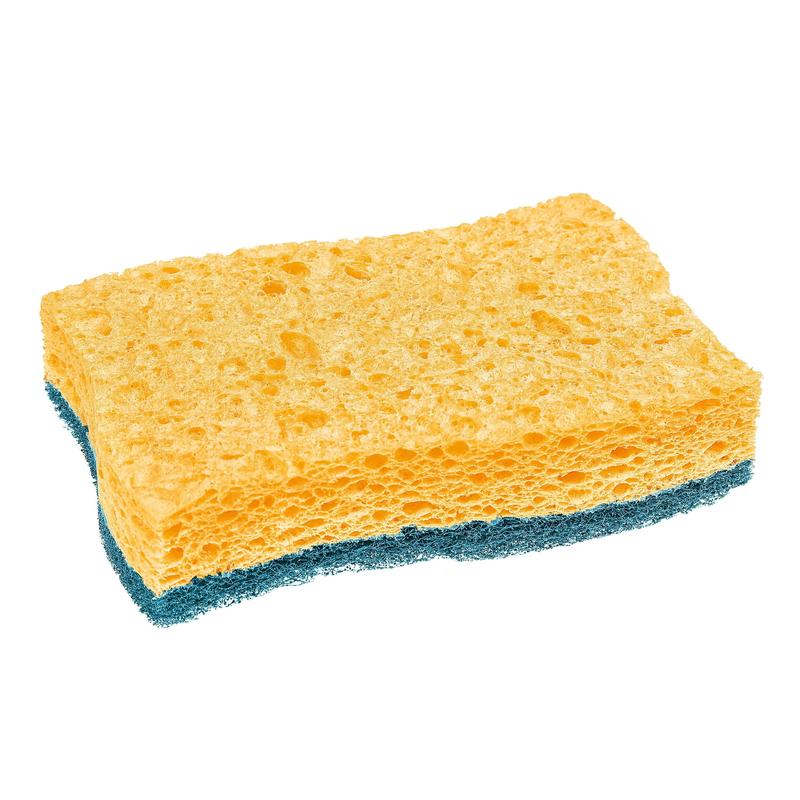 L'éponge de nettoyage en fibres naturelles Scotch-Brite® Delicate de 3M Deutschland GmbH, rectangulaire et jaune avec une face inférieure bleue rugueuse, est idéale pour les surfaces délicates. 2 pièces par paquet, illustrées sur fond blanc.