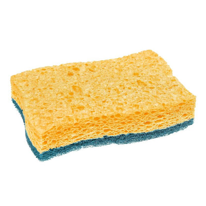 L'éponge de nettoyage en fibres naturelles Scotch-Brite® Delicate de 3M Deutschland GmbH, rectangulaire et jaune avec une face inférieure bleue rugueuse, est idéale pour les surfaces délicates. 2 pièces par paquet, illustrées sur fond blanc.