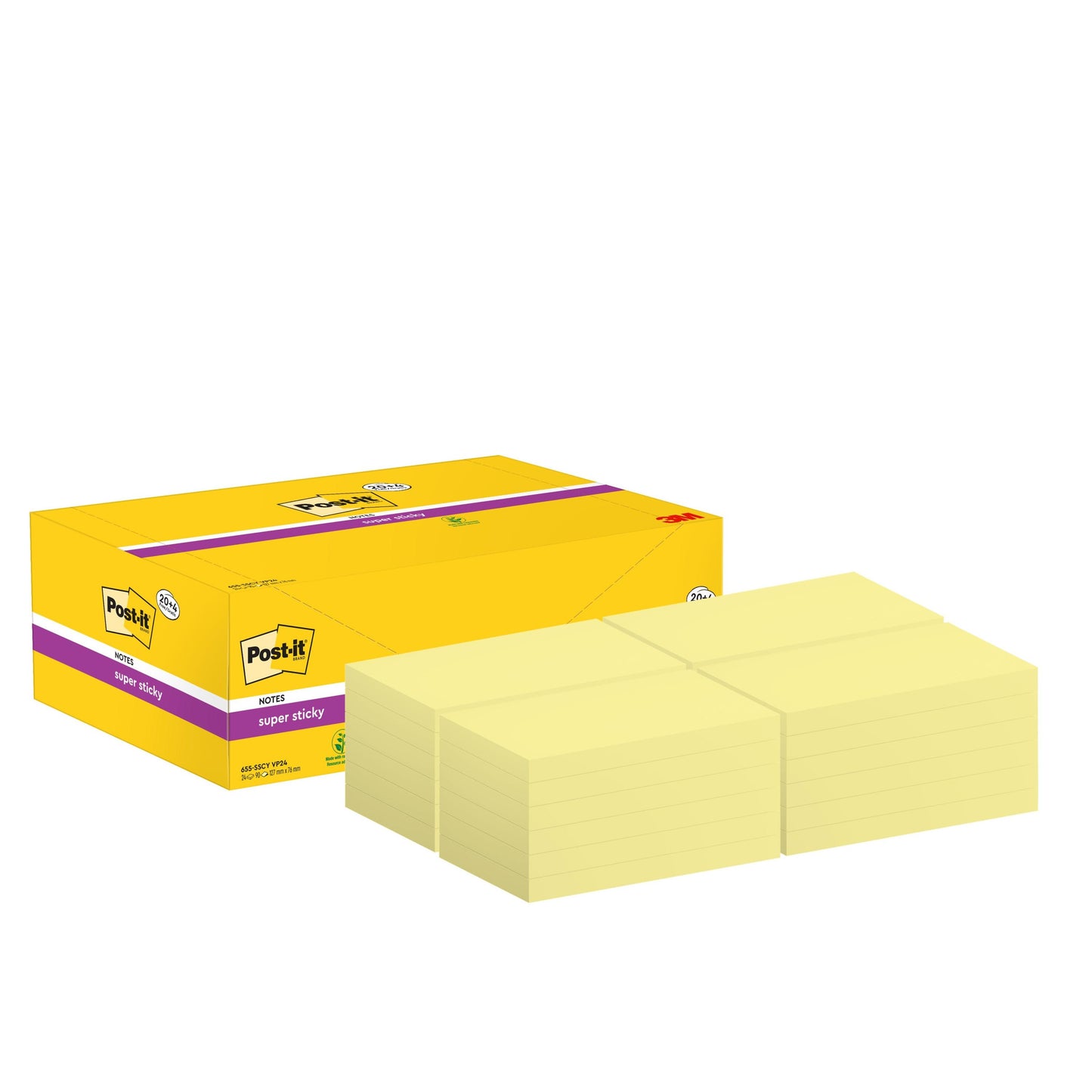 Eine Packung 3M Post-it® Super Sticky Notes, Gelb, 76 x 127 mm, 90 Blatt/Block (24 Blöcke/Packung), liegt fein säuberlich neben Stapeln hellgelber Haftnotizen, die alle auf einem weißen Hintergrund angeordnet sind.